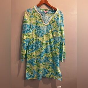 Lilly Pulitzer Blue and Green Leaf Print Dress patterned swim midi floral cute
